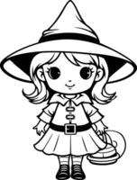 noir et blanc dessin animé illustration de mignonne peu sorcière personnage pour coloration livre vecteur