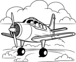 avion en volant avec des nuages icône dessin animé dans noir et blanc illustration graphique conception vecteur