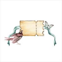 copie espace ancien billet avec une oiseau, ruban et une papillon. Remarque conception pour votre texte. main tiré aquarelle illustration isolé sur blanc Contexte. pour concert dépliants, cartes postales et impressions vecteur