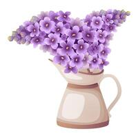 ancien lilas fleurs bouquet dans rétro beige vase illustration dans violet et violet couleurs. pour floral branches dans cruche dessins et printemps impressions. détaillé réaliste et dessin animé dessin vecteur