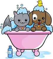 mignonne dessin animé chien et chat dans une une baignoire baignoire prise une bulle bain. chiot et minou animaux domestiques à le toilettage salon. vecteur