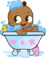 bébé dans une baignoire prise une bulle bain. une mignonne africain américain bébé garçon dans une baignoire prise une bulle une baignoire et en jouant avec le sien caoutchouc canard jouet. vecteur