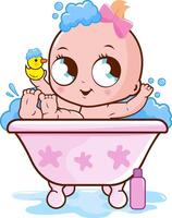 bébé dans une baignoire prise une bulle bain. une mignonne bébé fille dans une baignoire prise une bulle une baignoire et en jouant avec sa caoutchouc canard jouet. vecteur