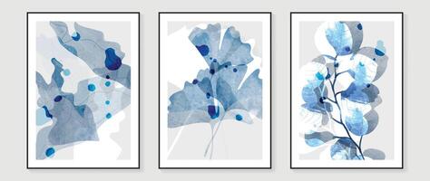 ancien style feuillage mur art modèle. collection de main tiré feuilles avec bleu aquarelle texture, ginkgo feuille. botanique affiche ensemble pour mur décoration, intérieur, fond d'écran, bannière. vecteur