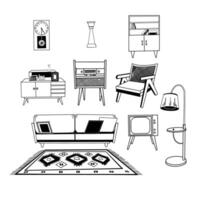 ensemble de illustrations. ancien intérieur conception, pièces de meubles, fauteuil, canapé, tapis, bibliothèque, sol lampe, mur horloge, la télé. adapté pour impression sur papier et tissu, pour intérieur conception vecteur