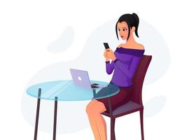 belle fille envoyant des SMS sur son téléphone alors qu'elle était assise sur une chaise devant son ordinateur portable illustration vectorielle premium vecteur