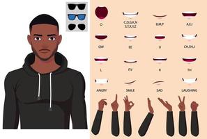 homme afro-américain dans l'animation du visage du personnage à capuche, la synchronisation des lèvres et le pack de gestes de la main vecteur