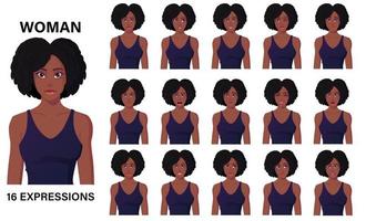 beau personnage de femme noire en robe 16 émotions et expressions faciales vecteur premium