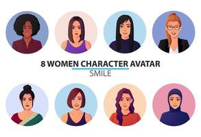ensemble de différents avatars et portraits de personnes souriantes, profil de femmes heureuses, illustration vectorielle premium d'émotion positive vecteur