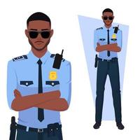 policier noir avec les bras croisés, portant un uniforme et des lunettes de soleil vecteur premium