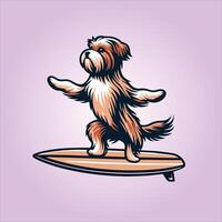 Tibétain terrier chien en jouant planches de surf chien surfant illustration vecteur