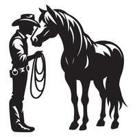 une cow-boy embrasser une cheval tête illustration dans noir et blanc vecteur