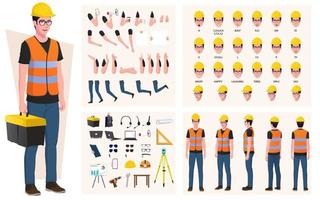 ouvrier du bâtiment, pack de création de personnage d'ingénieur, avec outils, équipements, gestes et expressions du visage. vecteur