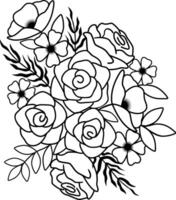 composition de fleurs. fleurs de pivoines, des roses, marguerites, noir et blanc esquisser sur une blanc Contexte. une printemps ou été bouquet. Valentin est jour, Mars 8ème, mère est journée. vecteur