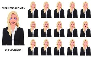 belle femme d'affaires caucasienne blonde en costume noir expressions émotionnelles définies premium vecteur