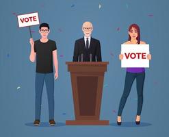 concept de vote avec un politicien sur le podium et vecteur premium des partisans