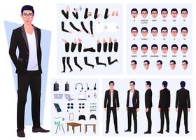constructeur de personnages avec un homme d'affaires portant un costume et des lunettes, des gestes de la main, des émotions et une conception de synchronisation labiale vecteur