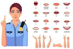 ensemble d'animation de bouche de femme de police et vecteur premium de gestes de la main