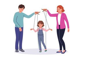 mal Parents manipuler enfant en utilisant cordes de marionnettistes à élever malheureux fille vecteur