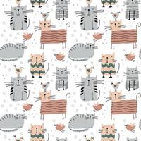 vecteur mignon chats et oiseaux modèle de bébé sans couture isolé sur fond scandinave blanc. pour tissu pour enfants, tissu, toile de fond, papier peint
