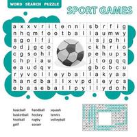 Puzzle de recherche de mots sur le thème des jeux de sport pour les enfants. réponse incluse. vecteur