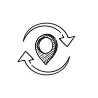 icône de broche de carte de navigation doodle dessinés à la main avec style de dessin vecteur