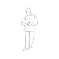 croquis d'un homme tenant sa taille pour un livre de coloriage. adapté aux enfants pour apprendre à dessiner et à colorier vecteur