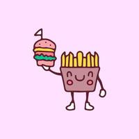 mascotte de frites mignonnes tenant une illustration de hamburger. graphiques vectoriels pour les imprimés de t-shirts et autres utilisations. vecteur