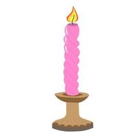 longue bougie allumée en cire de couleur rose dans un chandelier en bois. bougie allumée décorative en chandelier. illustration vectorielle plane. vecteur