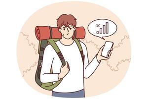 perdu voyageur avec sac à dos sur retour est à la recherche pour mobile réseau à trouver façon Accueil vecteur