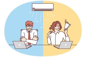 homme et femme séance à Bureau table en dessous de air Conditionneur expérience malaise vecteur