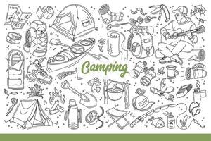 camping équipement pour randonnée et actif tourisme à maintenir santé. main tiré griffonnage vecteur