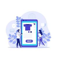 achats en ligne, commerce électronique, achat en ligne avec application mobile, illustration vectorielle avec des personnes vecteur