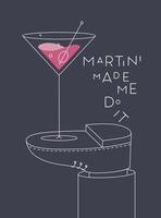 de l'alcool affiche. verre avec caractères martini fabriqué moi faire il des stands sur pied dessin dans ligne art style sur foncé Contexte vecteur