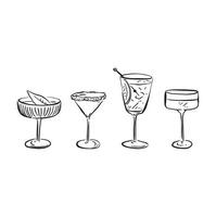 une ligne tiré illustration de individuel des cocktails dans une vague style. noir et blanc esquisser vecteur