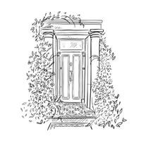 une ligne tiré illustration de une magnifique de face porte dans une noir et blanc esquisser style. fini avec les plantes alentours le porte et mosaïque carrelage sur le sol. vecteur