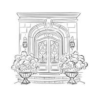 une ligne tiré illustration de une magnifique Hôtel ou Manoir de face porte dans une noir et blanc esquisser style. fini avec hortensias dans des pots Soit côté de le porte. vecteur