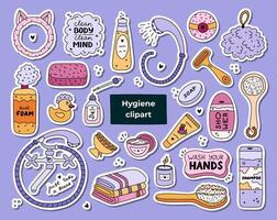 gros ensemble de autocollants avec mignonne hygiène articles, salle de bains et douche accessoires. collection de main tiré clipart avec des produits pour soins de la peau, beauté et corps se soucier, soi l'amour dans branché style doodle. vecteur