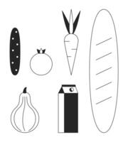 en bonne santé épicerie des produits noir et blanc 2d ligne dessin animé objets ensemble. achat végétarien nourriture pour dîner isolé contour article. en bonne santé nutrition monochromatique plat place des illustrations vecteur