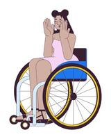 surpris Latin américain femme dans fauteuil roulant 2d linéaire dessin animé personnage. désactivée hispanique femelle isolé ligne la personne blanc Contexte. invalidité inclusion Couleur plat place illustration vecteur