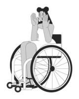 surpris Latin américain femme dans fauteuil roulant noir et blanc 2d ligne dessin animé personnage. désactivée hispanique femelle isolé contour personne. invalidité monochromatique plat place illustration vecteur