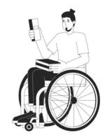 caucasien homme étudiant avec invalidité noir et blanc 2d ligne dessin animé personnage. fauteuil roulant européen Masculin avec livres isolé contour personne. inclusion monochromatique plat place illustration vecteur