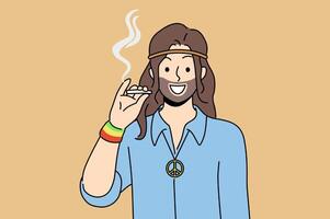 hippie homme fumeur cannabis et sourires, permanent avec symbole de pacifiste sous-culture sur poitrine vecteur