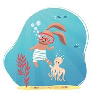 mignonne été illustration avec lapin dans le mer. vecteur