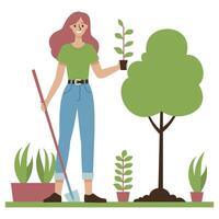 plat illustration. mignonne fille plantation arbre semis, Faire jardinage. environnement protection concept vecteur