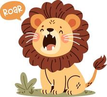 mignonne Lion rugissement bruyamment avec le sien bouche ouvert. discours bulle et rugir légende. plat illustration dans enfants style vecteur