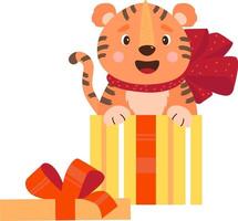 tigre avec arc dans une boîte cadeau. illustration vectorielle vecteur