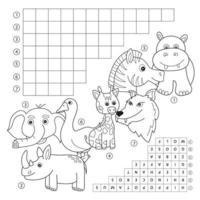 page de livre de coloriage de mots croisés, jeu éducatif pour les enfants sur les animaux vecteur