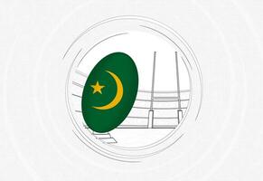 Mauritanie drapeau sur le rugby balle, doublé cercle le rugby icône avec Balle dans une bondé stade. vecteur