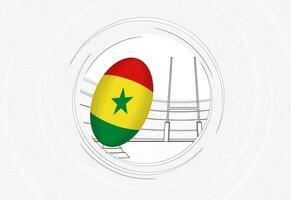 Sénégal drapeau sur le rugby balle, doublé cercle le rugby icône avec Balle dans une bondé stade. vecteur